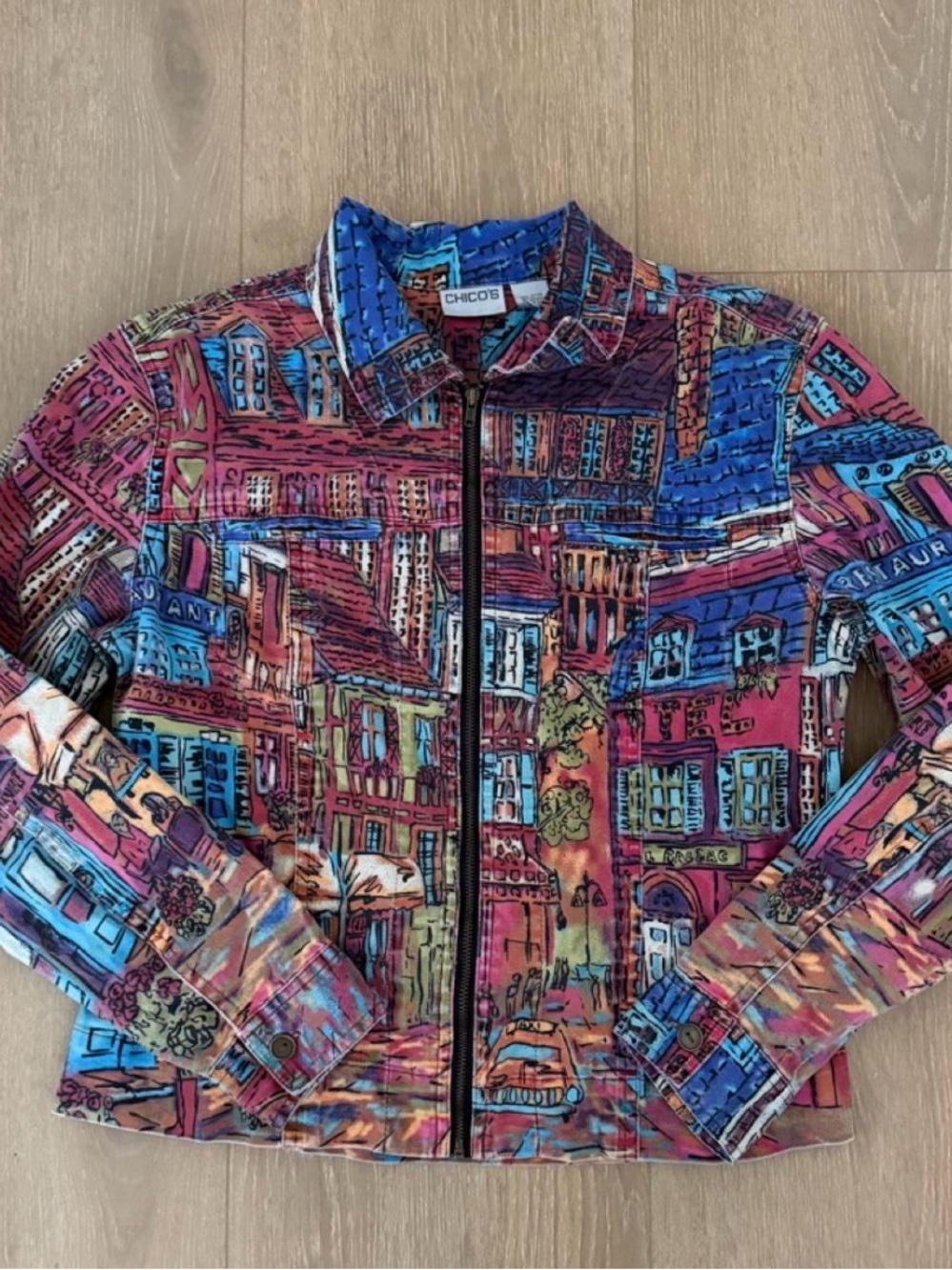 Chico's Vibrant Multicolor Cityscape Zip Jacket